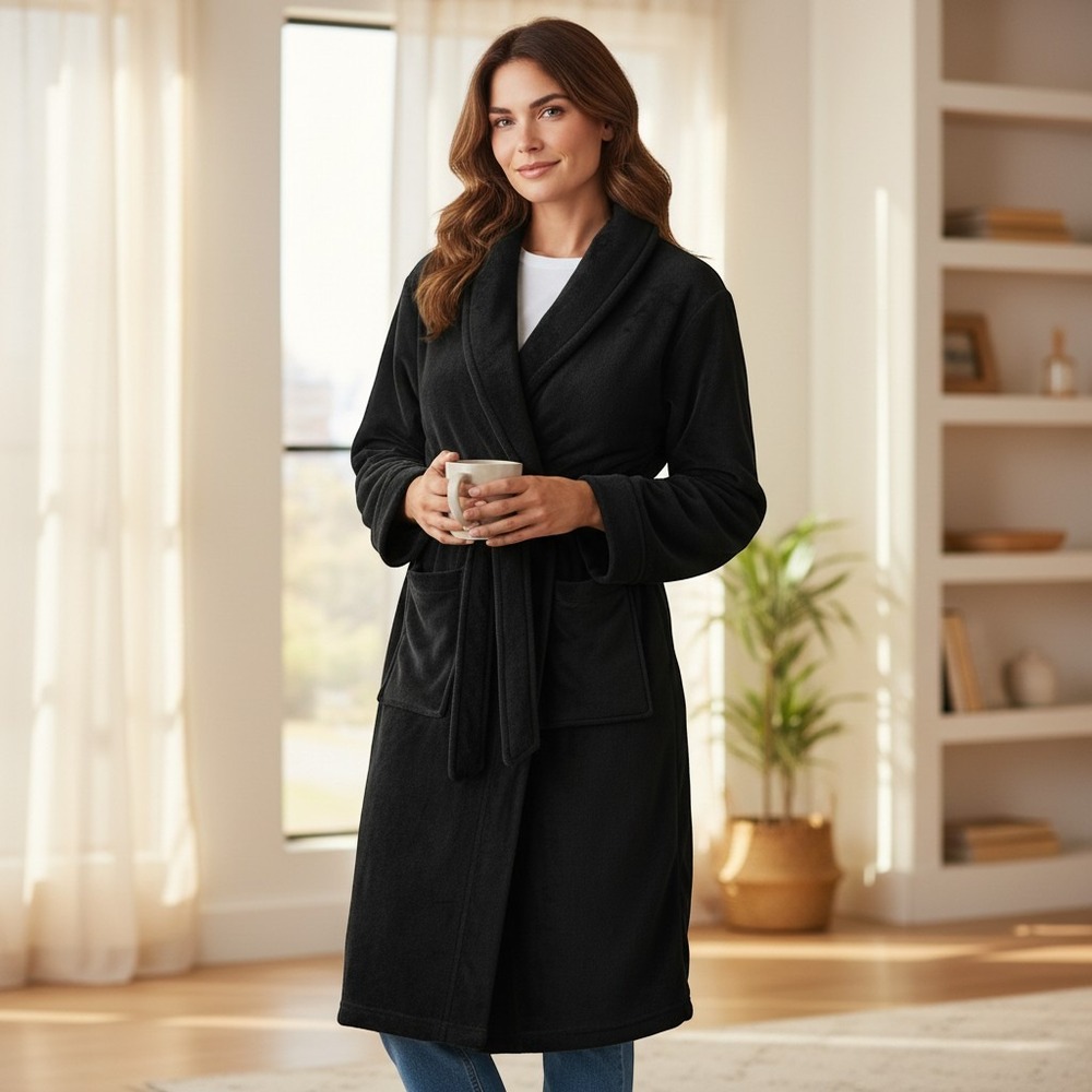 Etoile Womens Black Plush Fleece Robe Shawl Collar Tie Waist‎ Soft Loungewear